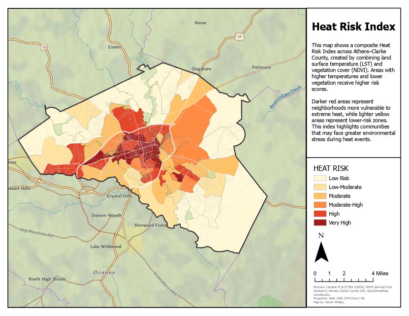 Heat Risk Index choropleth map of Athens-Clarke County